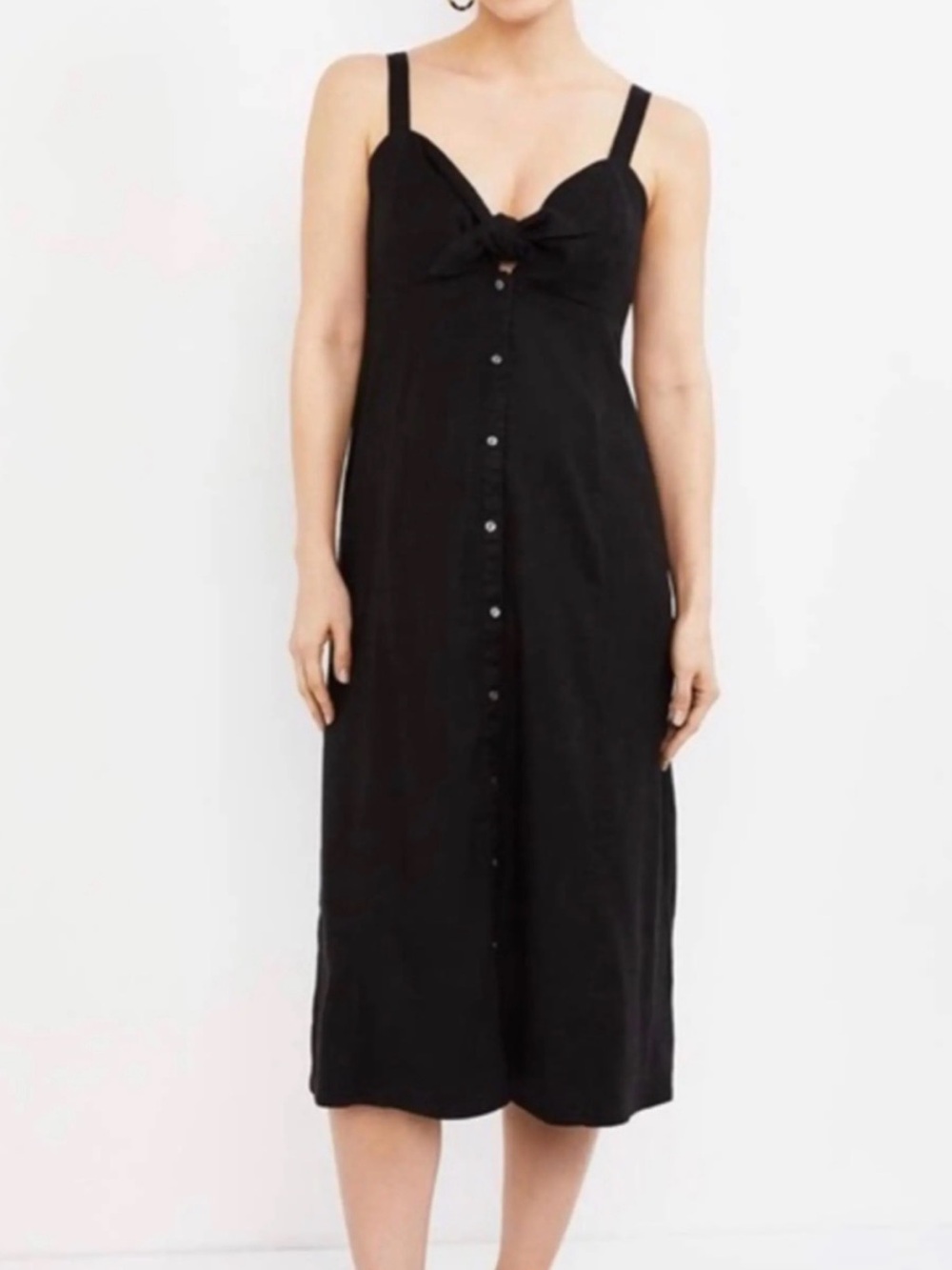 Quince 100% linen Black Tie-Front Button-Down Midi Slip Dress